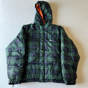 Obey Plaid Green and Navy Puffer Jacket w Neon Orange Lining